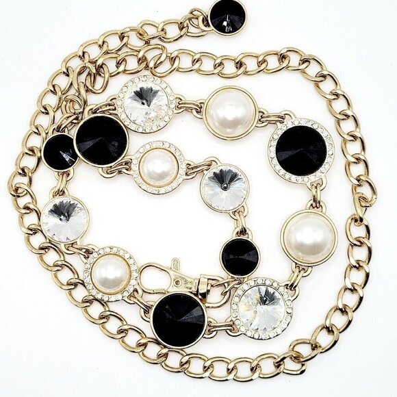 Weighty Women's Faux Pearl & Glass Rivoli Chain Belt Gold Tone Rhinestones VGC - Picture 1 of 7